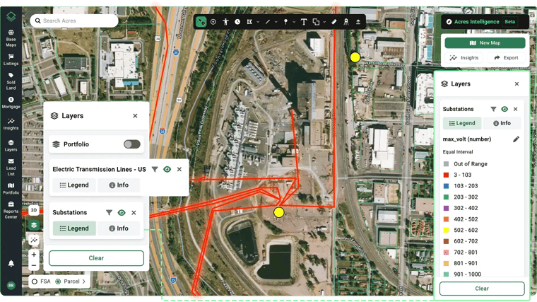 Acres land data platform interface displaying Electric Transmission Lines and Substations layers filtered by max voltage to evaluate power infrastructure proximity for data center site selection.