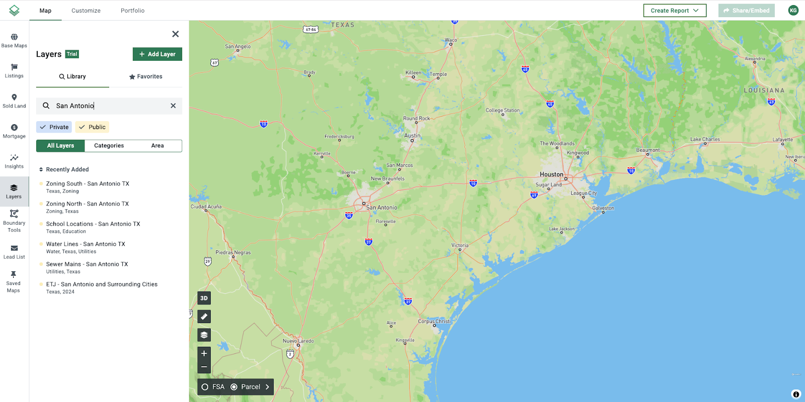 Acres Layers location search interface with All Layers tab selected for San Antonio, Texas
