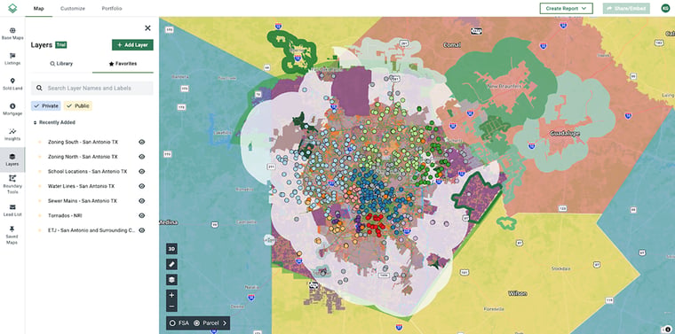 Acres map view with multiple stacked data layers including zoning, schools, and infrastructure for San Antonio