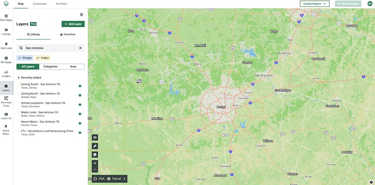 Acres Layers favorites tab showing saved layers for a local land development dataset