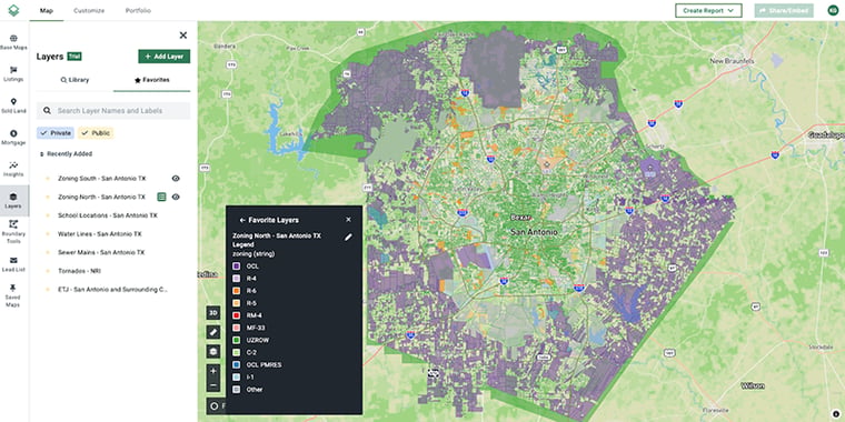 Acres zoning layer showing commercial and residential classifications for a San Antonio parcel