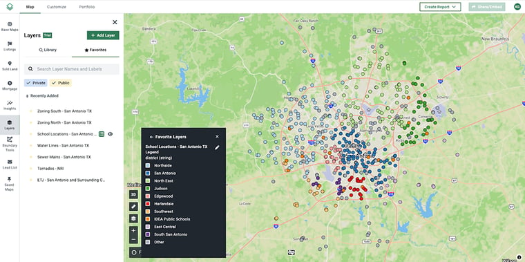 Acres school location layer displaying school district boundaries and school markers in San Antonio