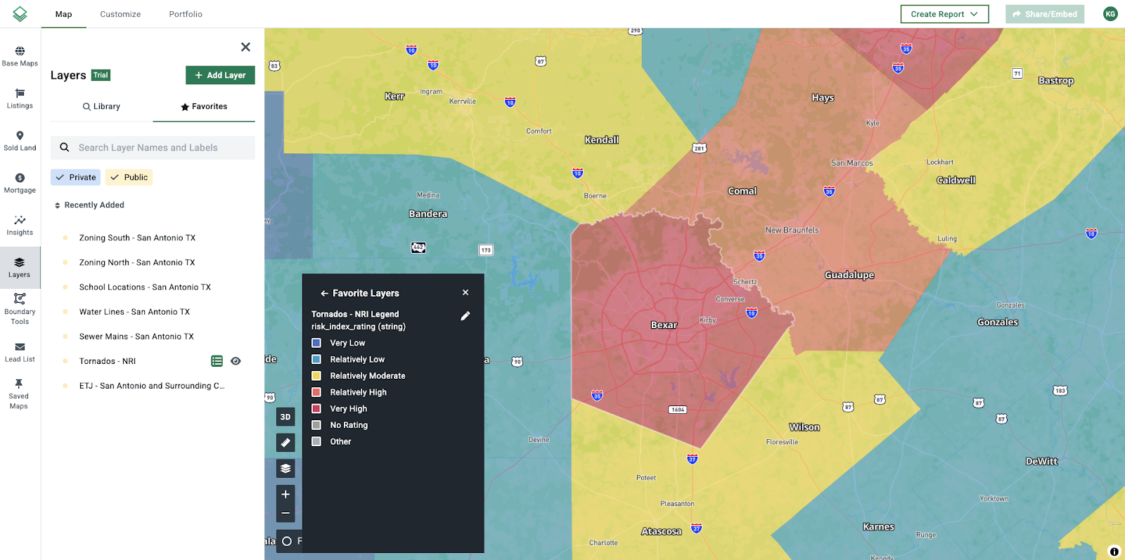 Acres tornado layer showing historical tornado risk zones overlaid on the San Antonio map