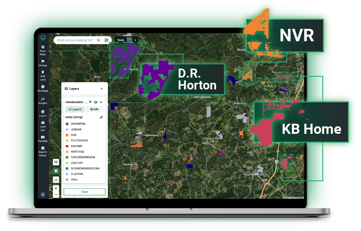 Acres homebuilder activity map on laptop showing land acquisition zones for NVR, D.R. Horton, and KB Home