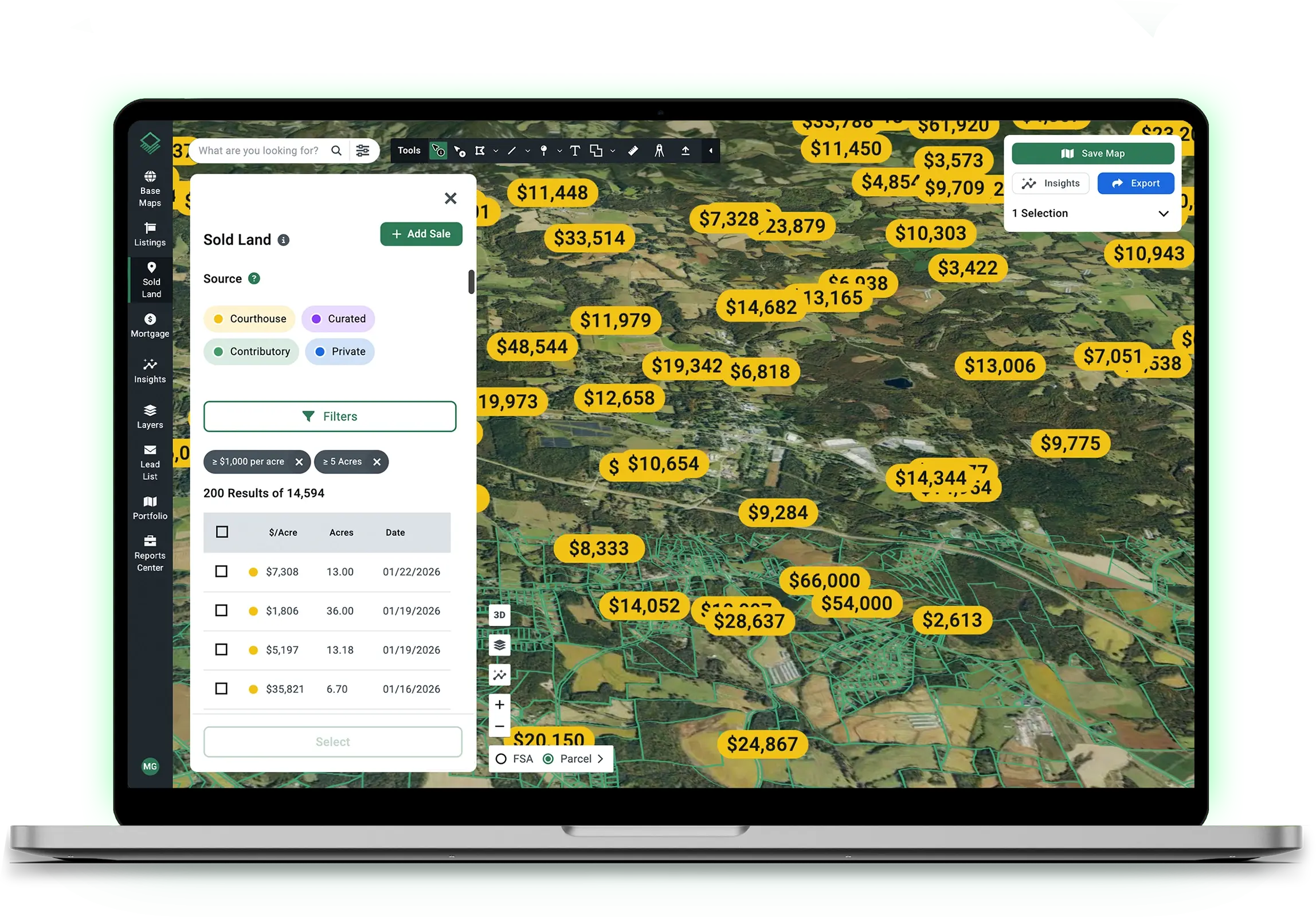 Acres platform on laptop showing nationwide sold land map with price-per-acre data for land sales research