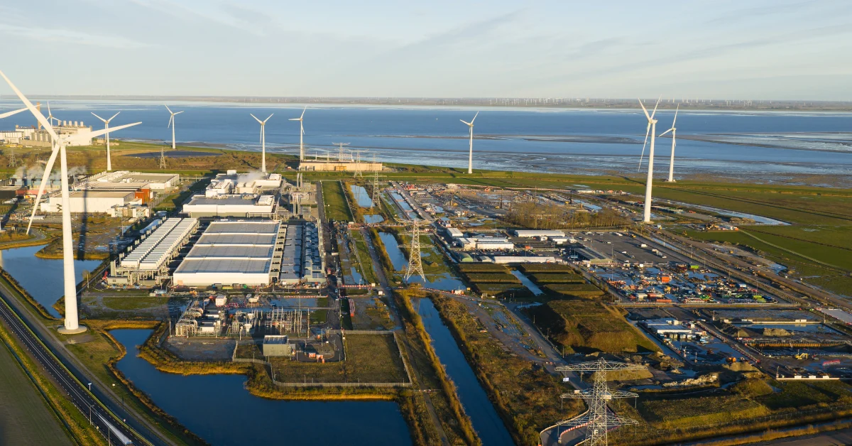 Large data center campus surrounded by bodies of water representing data center cooling systems and water rights during the site selection process.