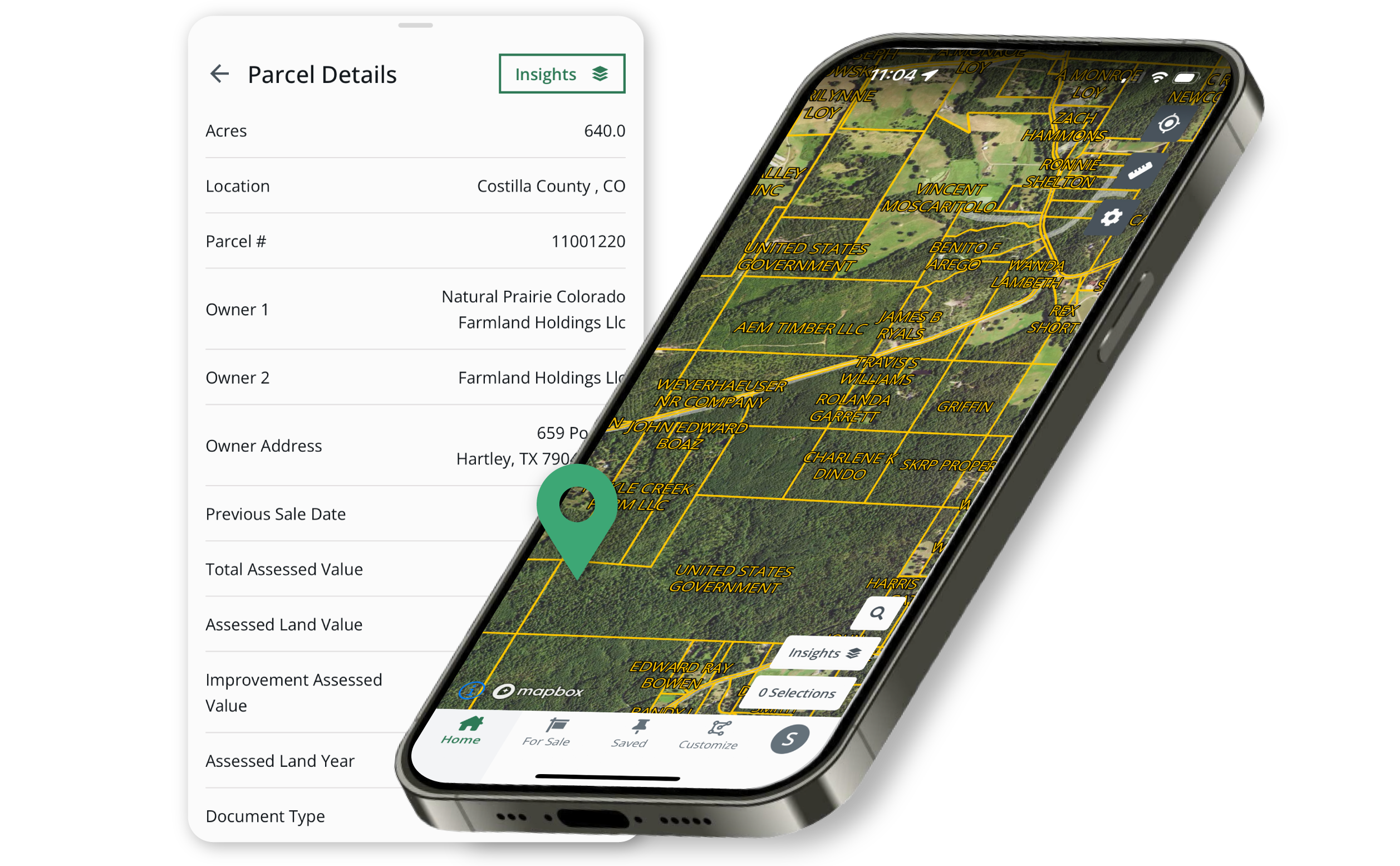 Acres mobile app parcel details panel showing ownership, assessed value, and land data for a Costilla County Colorado property