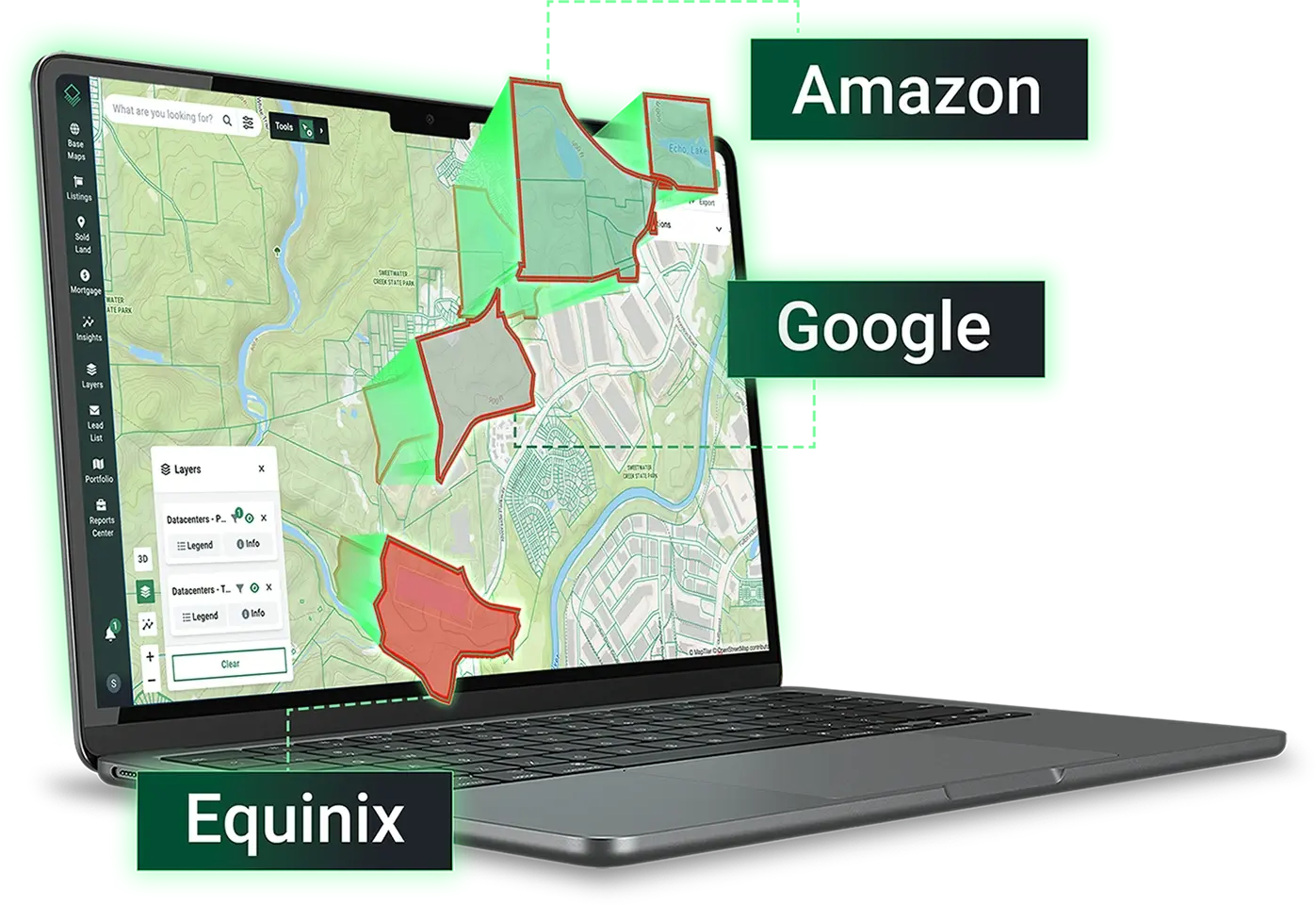 Acres Intelligence Data Center Index data center site selection map on laptop showing competitor parcels labeled Amazon, Google, and Equinix