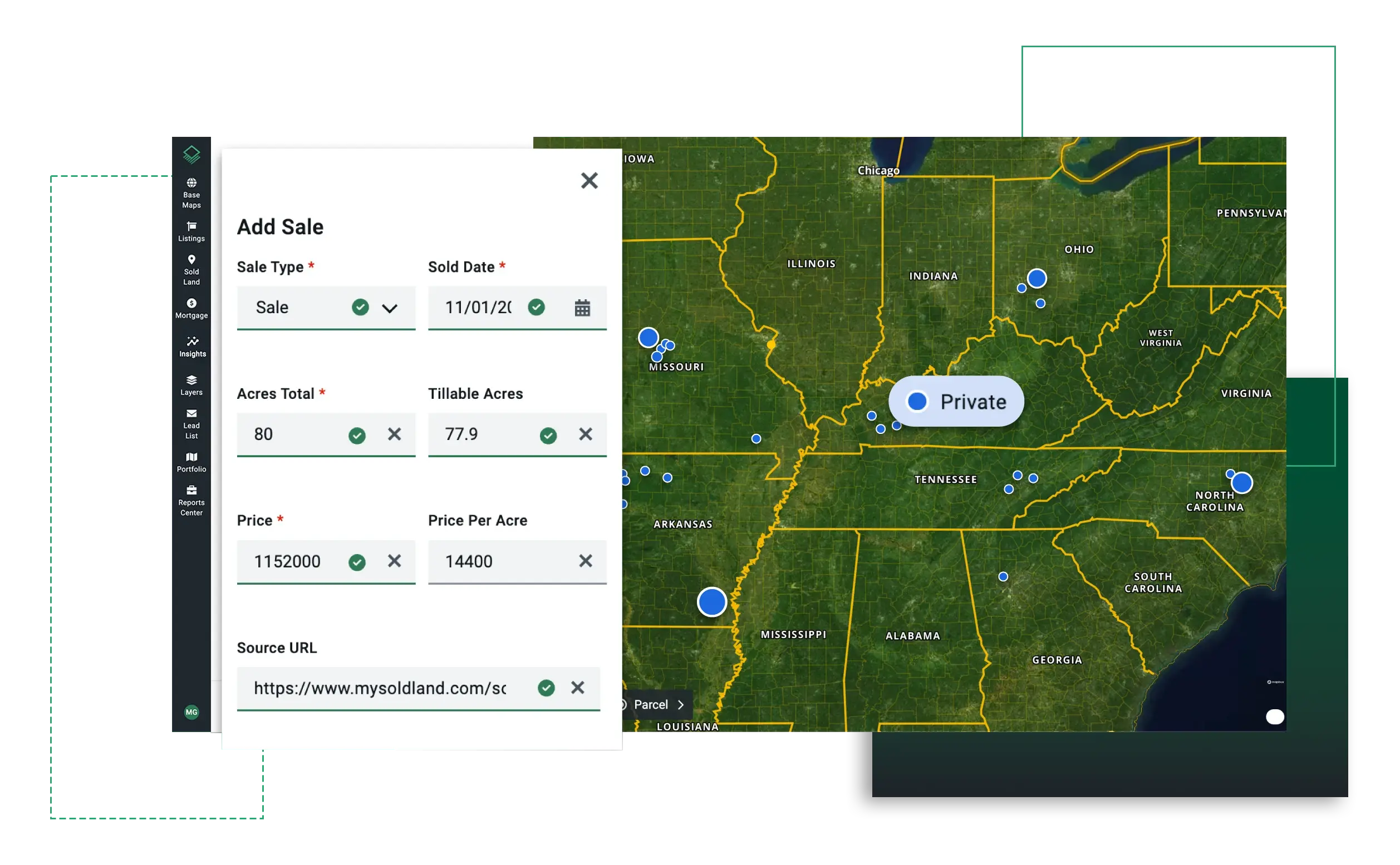 Private land sales database in Acres with add sale form showing acreage, price per acre, and source