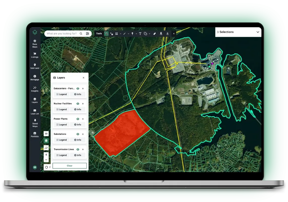 Acres data center site map on laptop showing power infrastructure layers including substations, transmission lines, and power plants