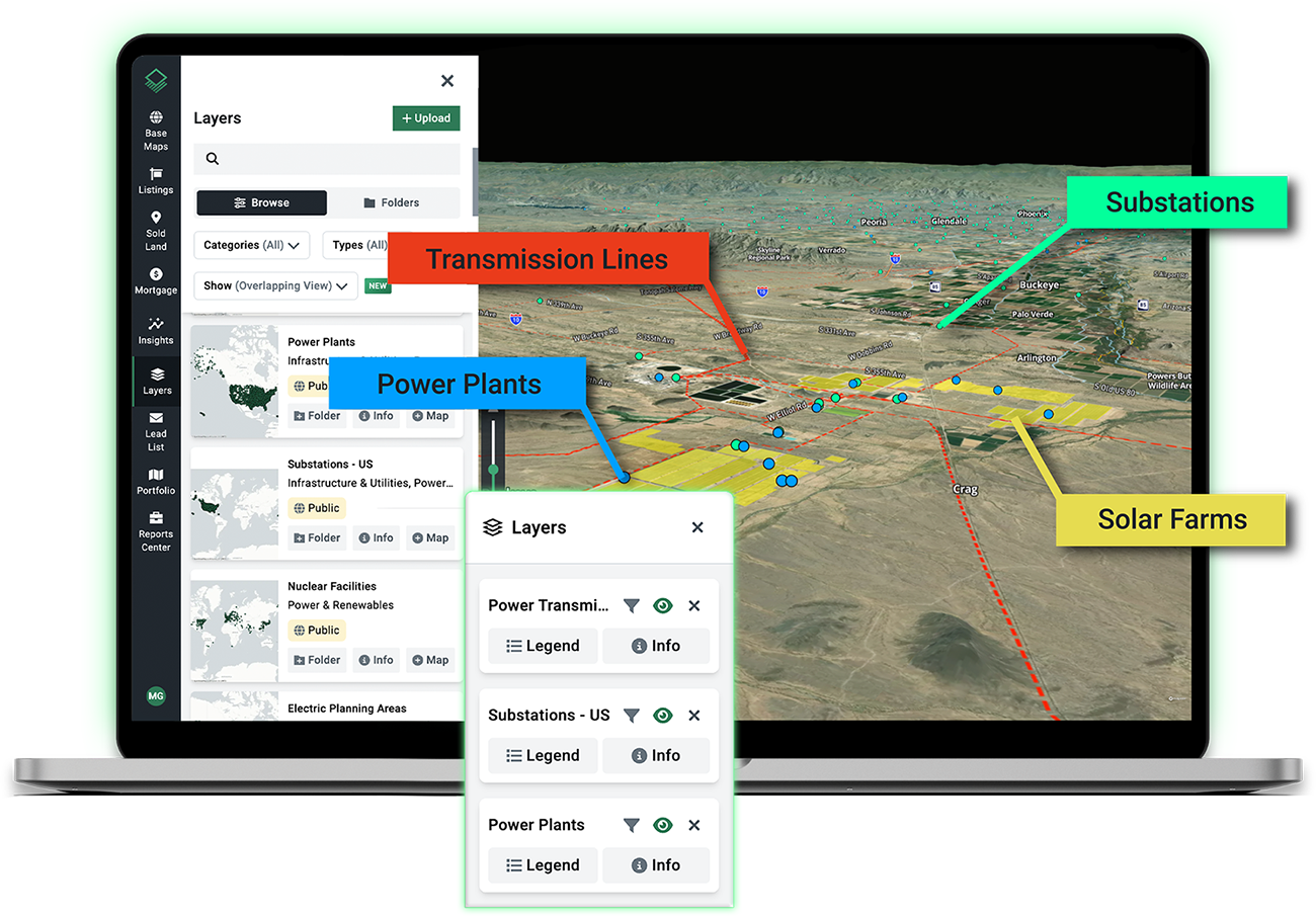 Acres energy Layers on laptop displaying transmission lines, substations, power plants, and solar farms for energy site selection