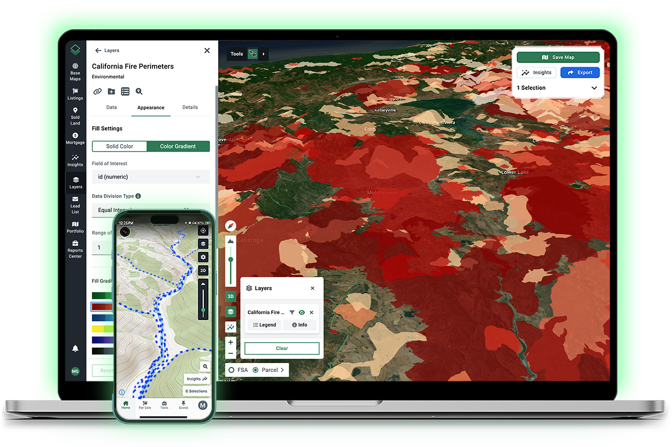 Acres risk management on laptop and mobile showing California fire perimeter layer with color gradient styling