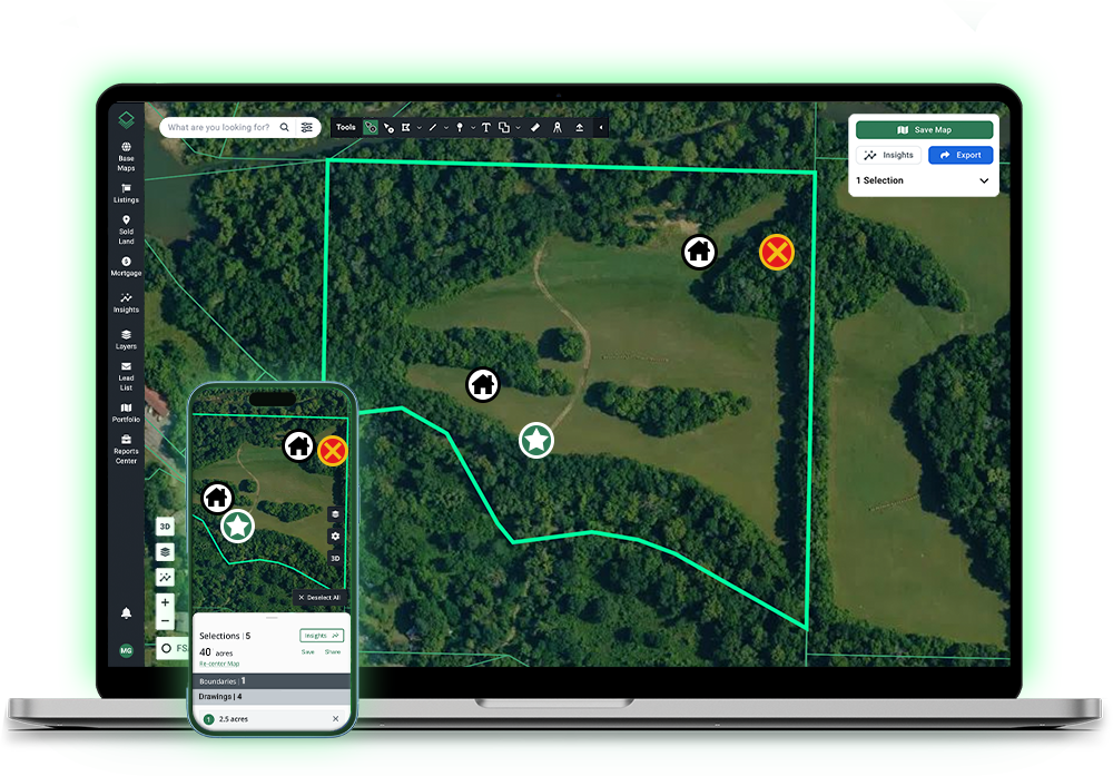 Acres custom map on laptop and mobile showing parcel boundaries with point markers for land mapping