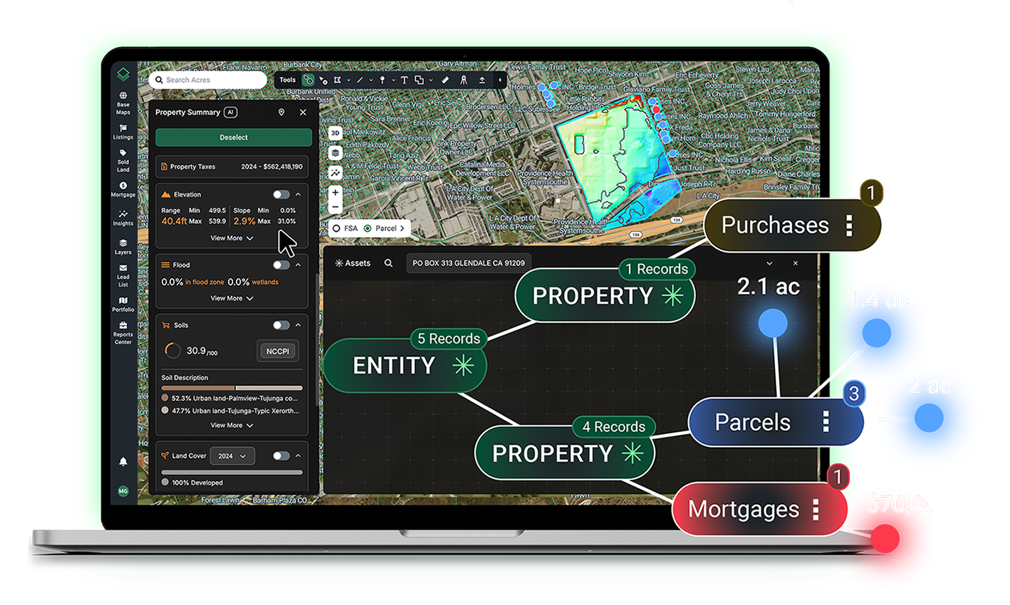 Acres Asset Intelligence graph on laptop mapping data center land purchases through entities, parcels, and mortgages for competitor tracking