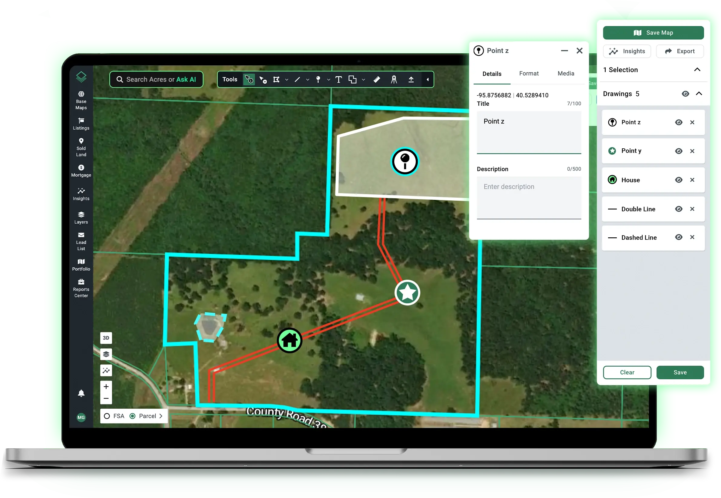 Acres custom map builder with point markup tools, boundary drawings, and shareable selections panel