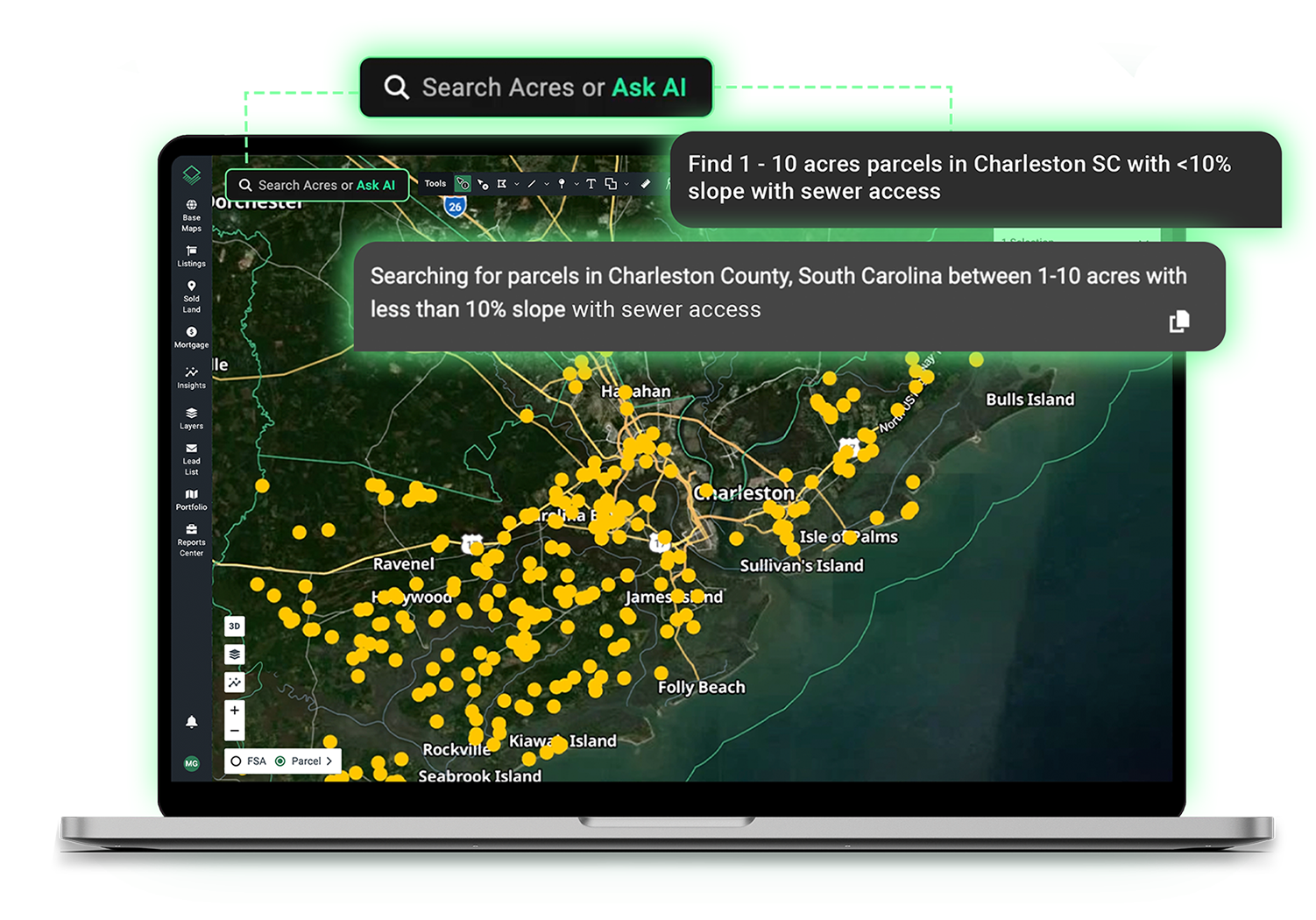 Acres Intelligence land search finding 1 to 10 acre parcels in Charleston South Carolina with less than 10 percent slope and sewer access