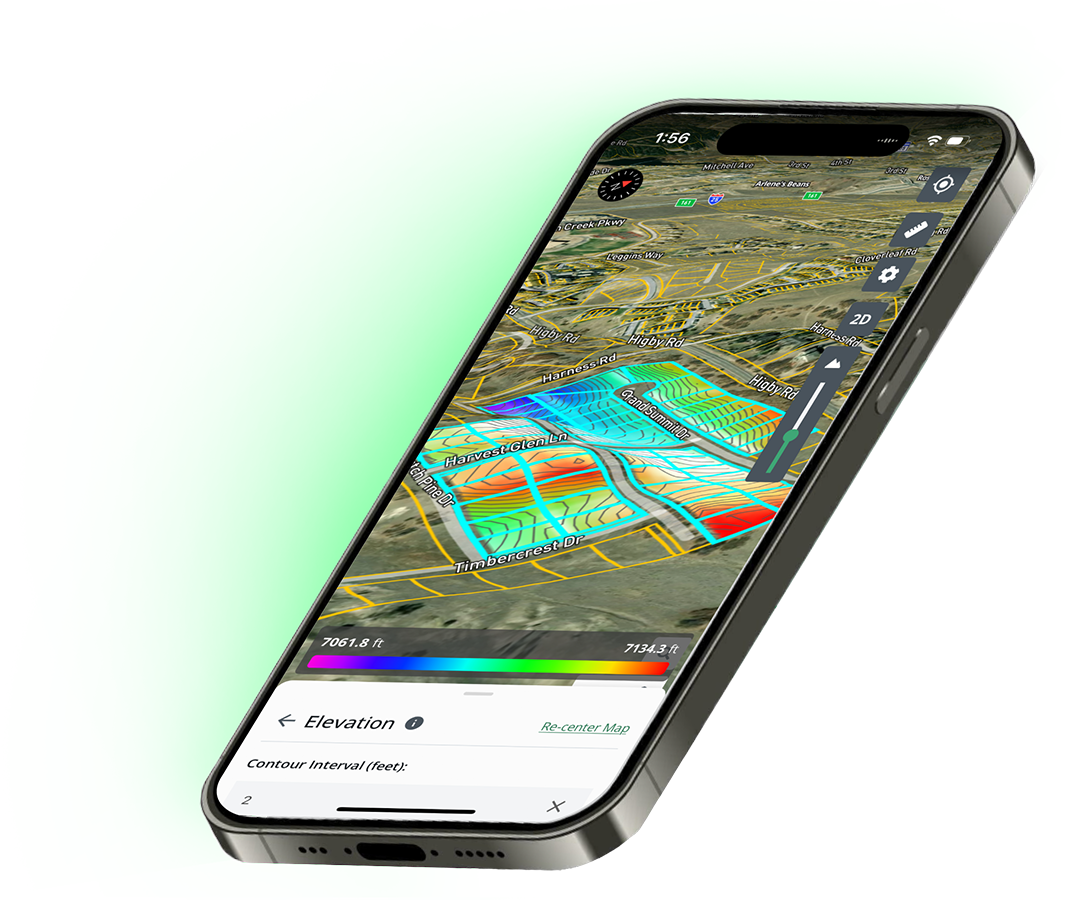 Acres mobile app showing 3D elevation map with property lines and zoning data for real estate broker field visits