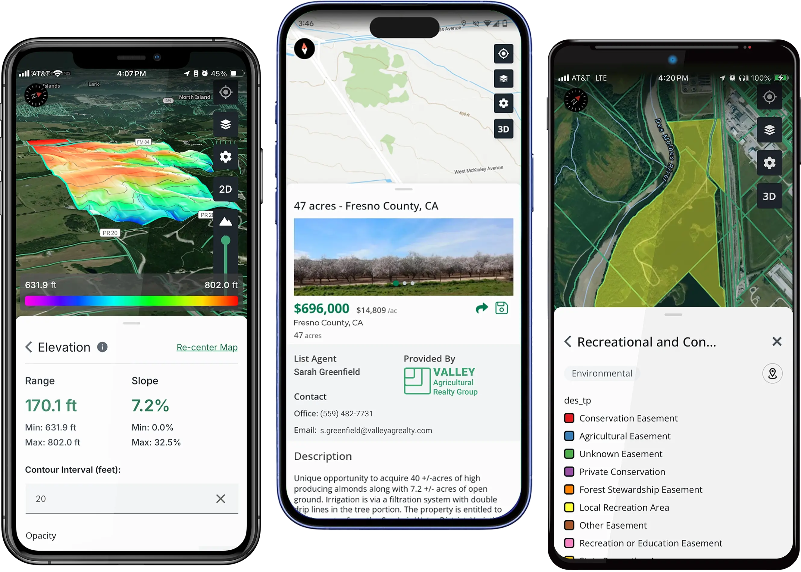 Acres mobile app on three phones showing elevation contour map, land listing detail, and conservation easement layer