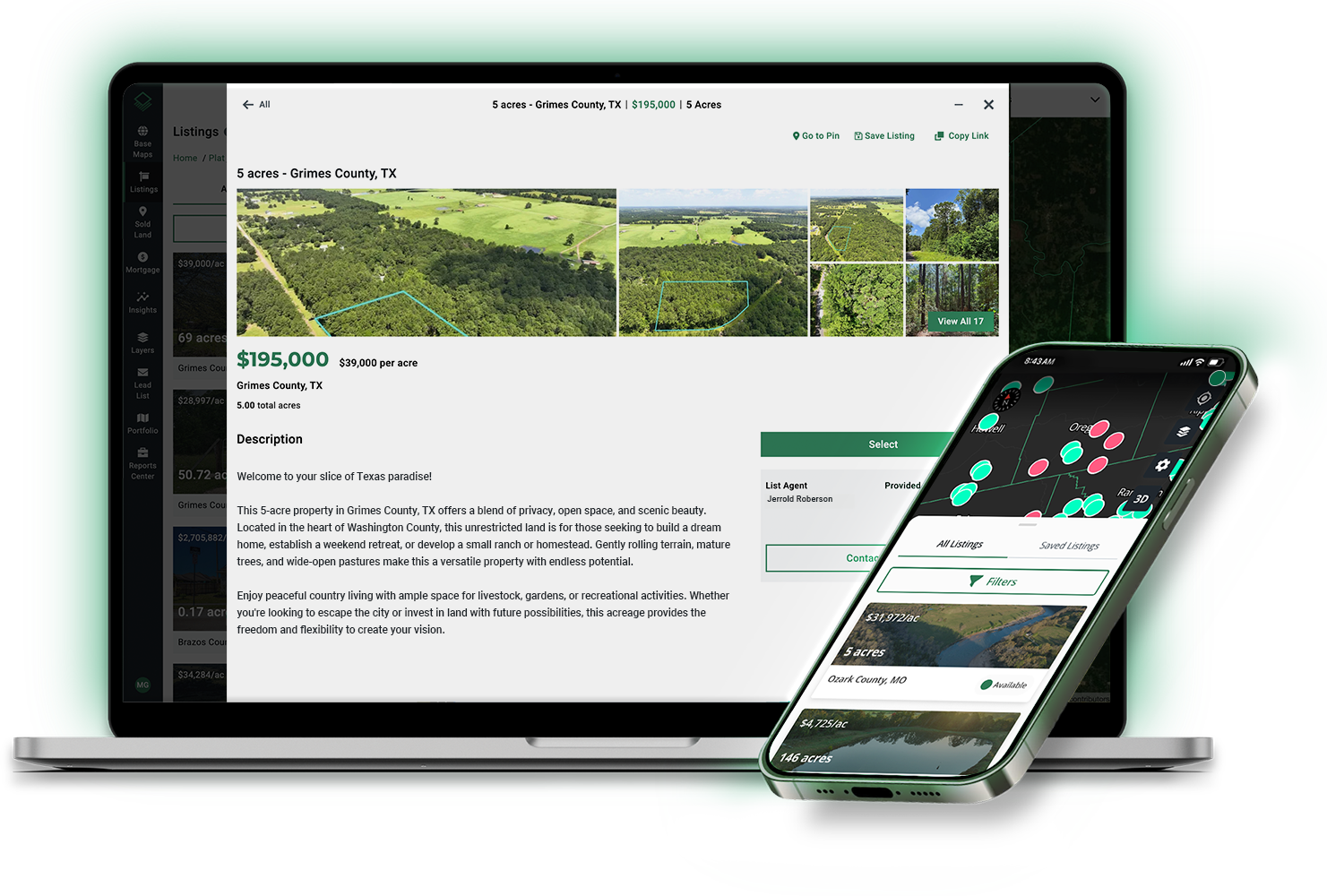 Acres land listing platform on laptop and mobile showing a 5-acre Grimes County Texas property at $195,000 for targeted buyer reach