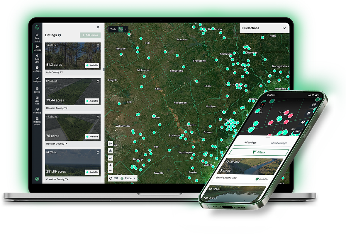 Acres land listings on laptop and mobile showing available retail expansion sites across Texas with acreage and price details