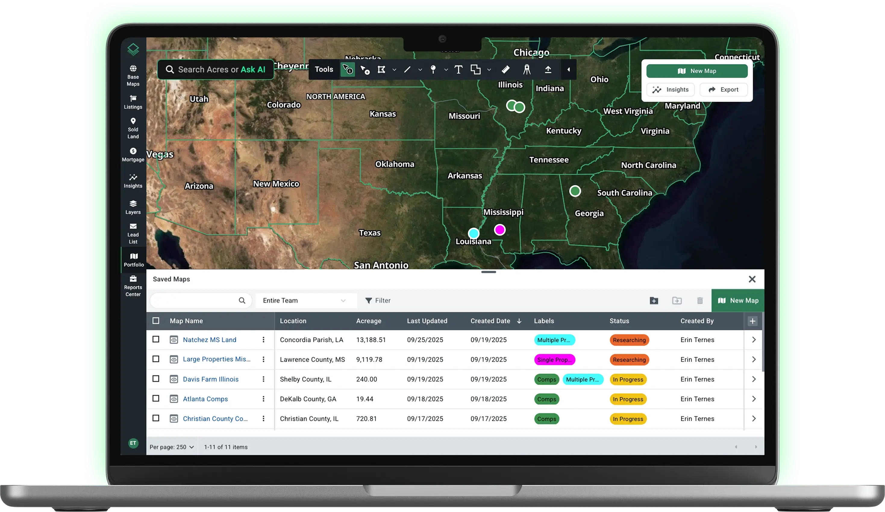 Acres portfolio management dashboard on laptop showing deal tracker with status labels and team assignments on a land map