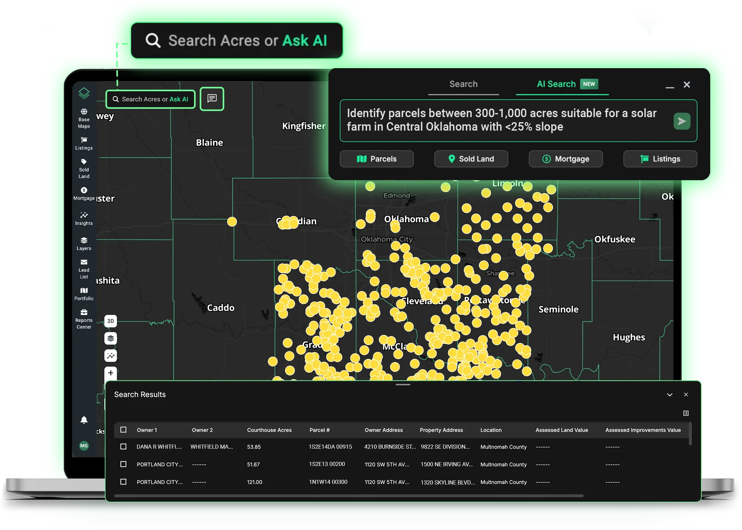 Acres Intelligence finding 300 to 1000 acre parcels suitable for a solar farm in Central Oklahoma with less than 25 percent slope