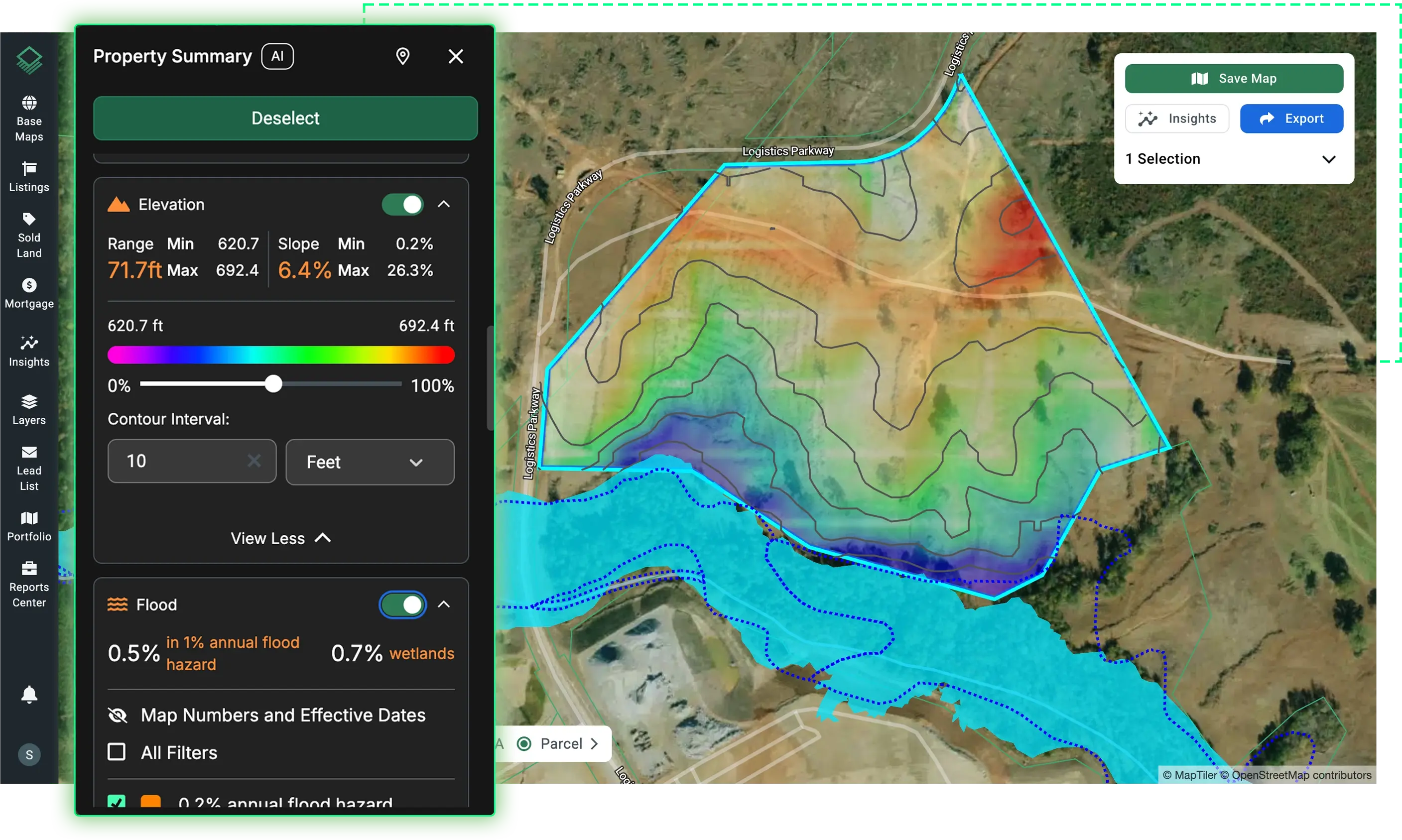Acres parcel summary panel showing elevation, flood zone, and wetlands data for complete land portfolio due diligence