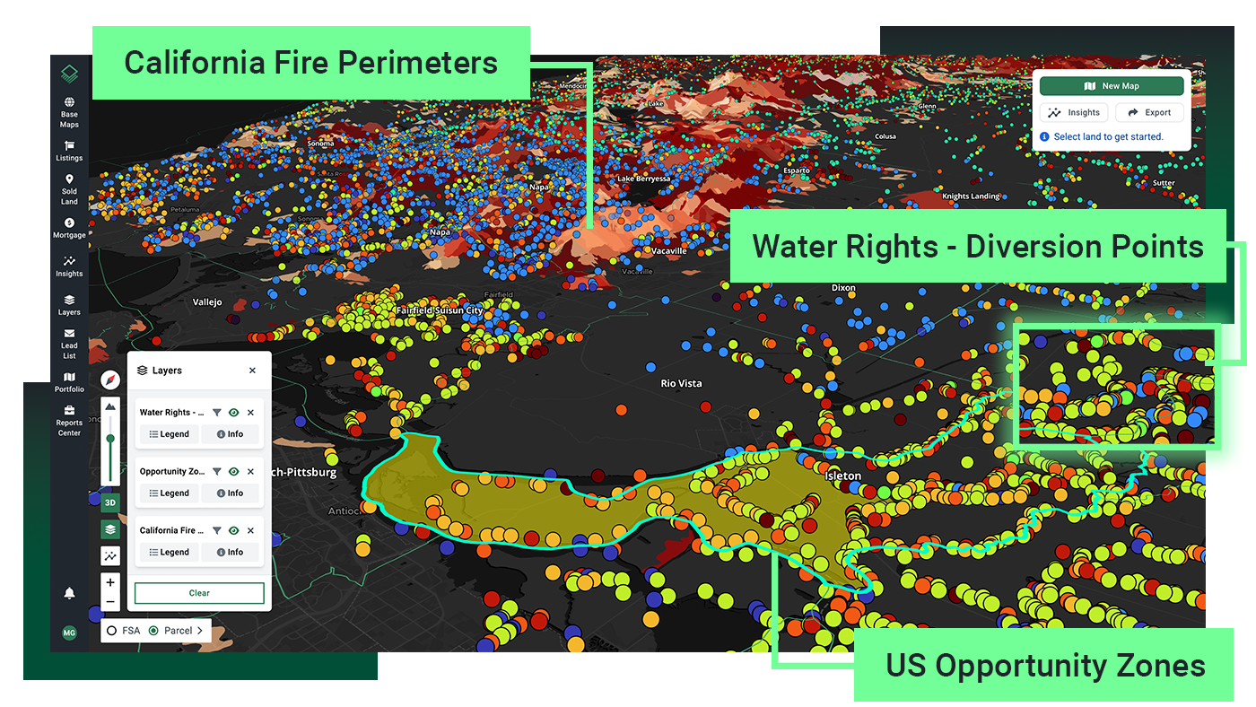 Acres portfolio map displaying California fire perimeters, water rights diversion points, and US opportunity zones for land research