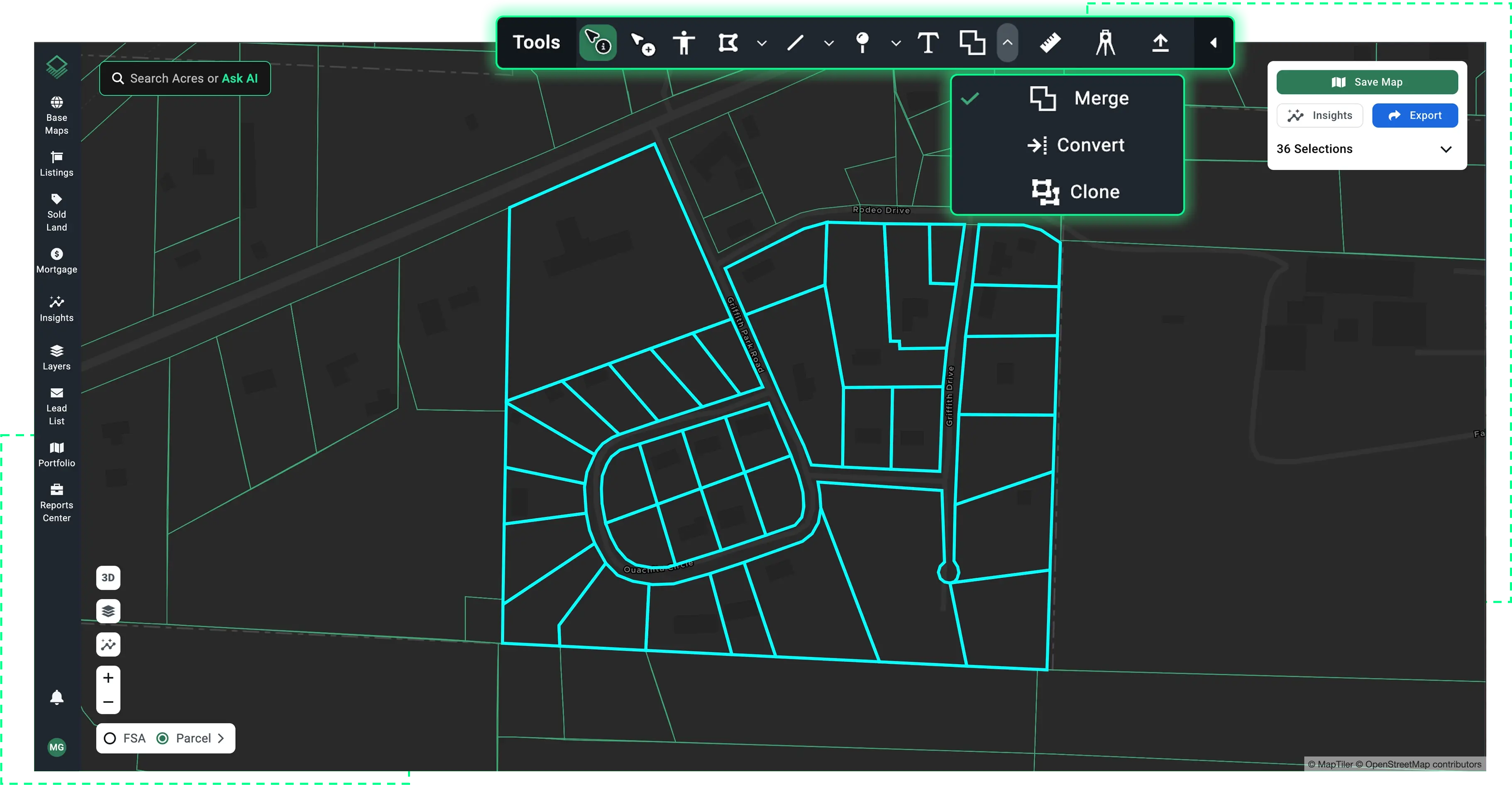 Acres boundary drawing tools showing parcel merge, convert, and clone options for custom land mapping