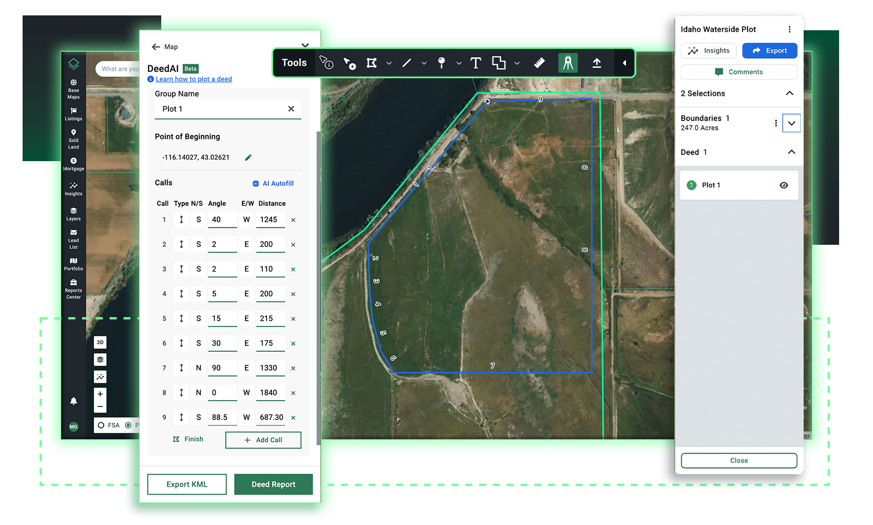 Acres DeedAI tool plotting legal description calls on an Idaho parcel map for automated deed mapping
