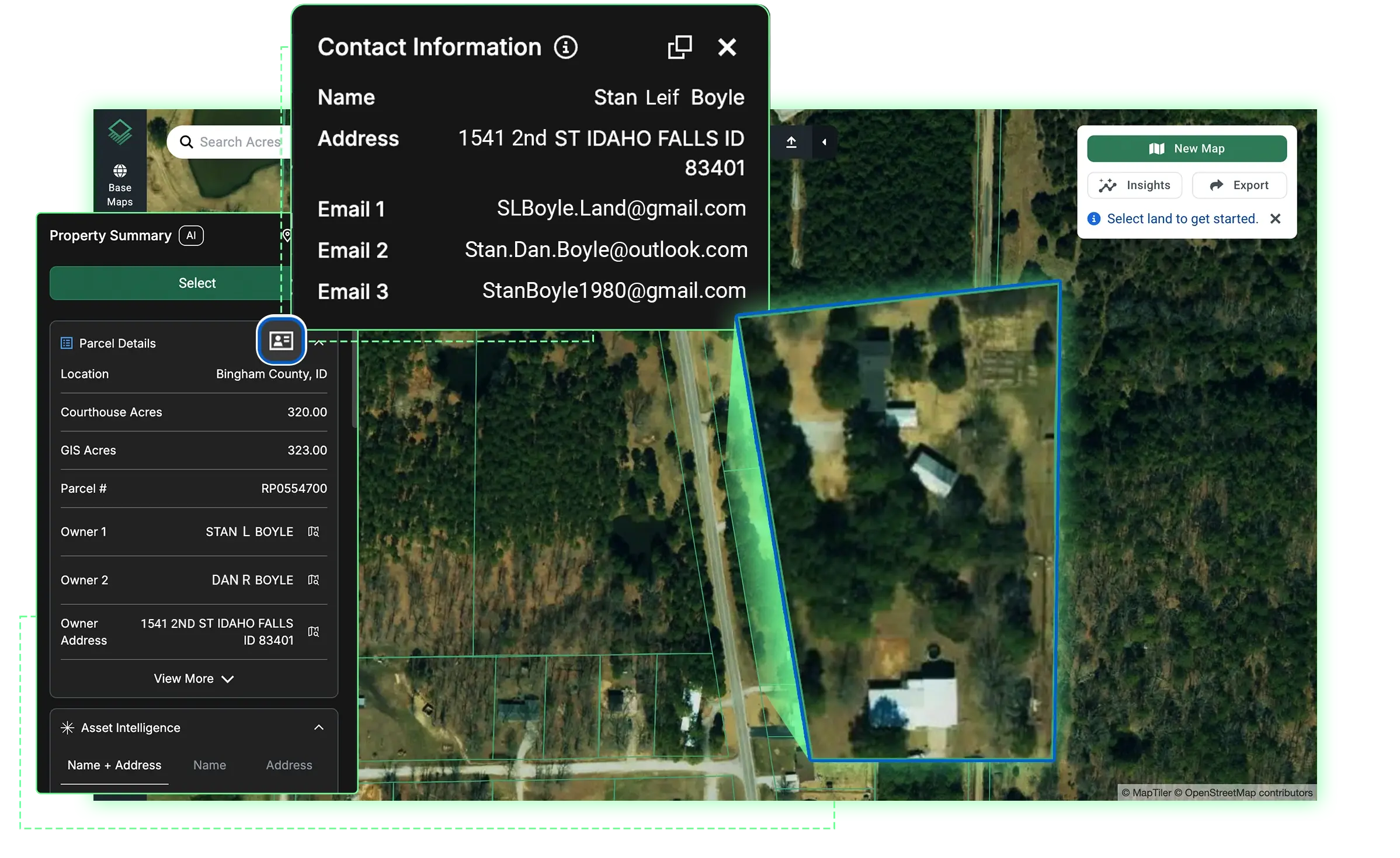 Acres ownership intelligence panel showing landowner contact details and asset intelligence for an Idaho energy land acquisition