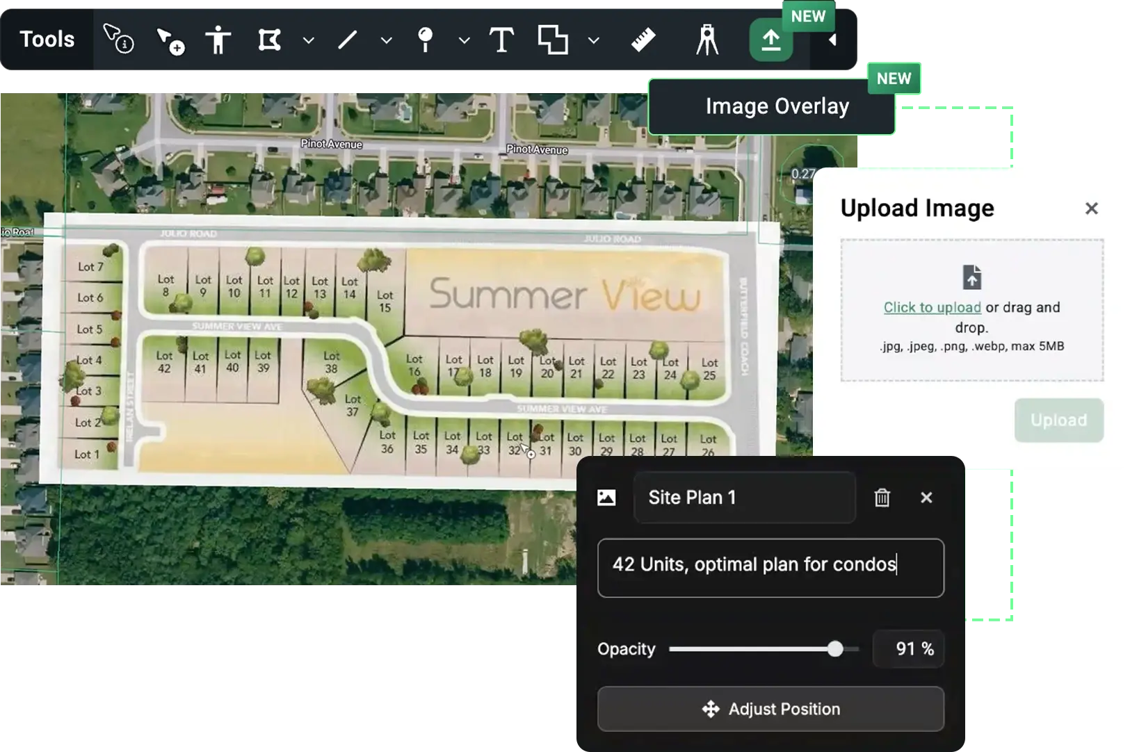 Acres image overlay tool showing Summer View subdivision site plan aligned over aerial parcel map