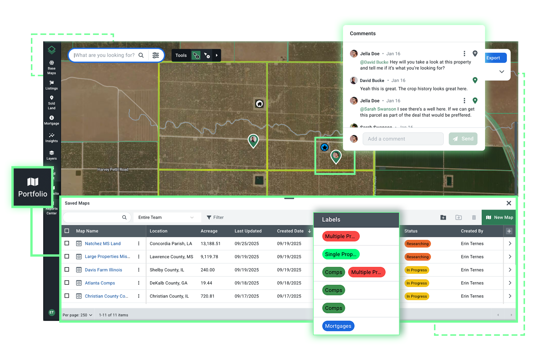 Acres centralized land portfolio showing saved maps with risk labels, team comments, and deal status across multiple properties