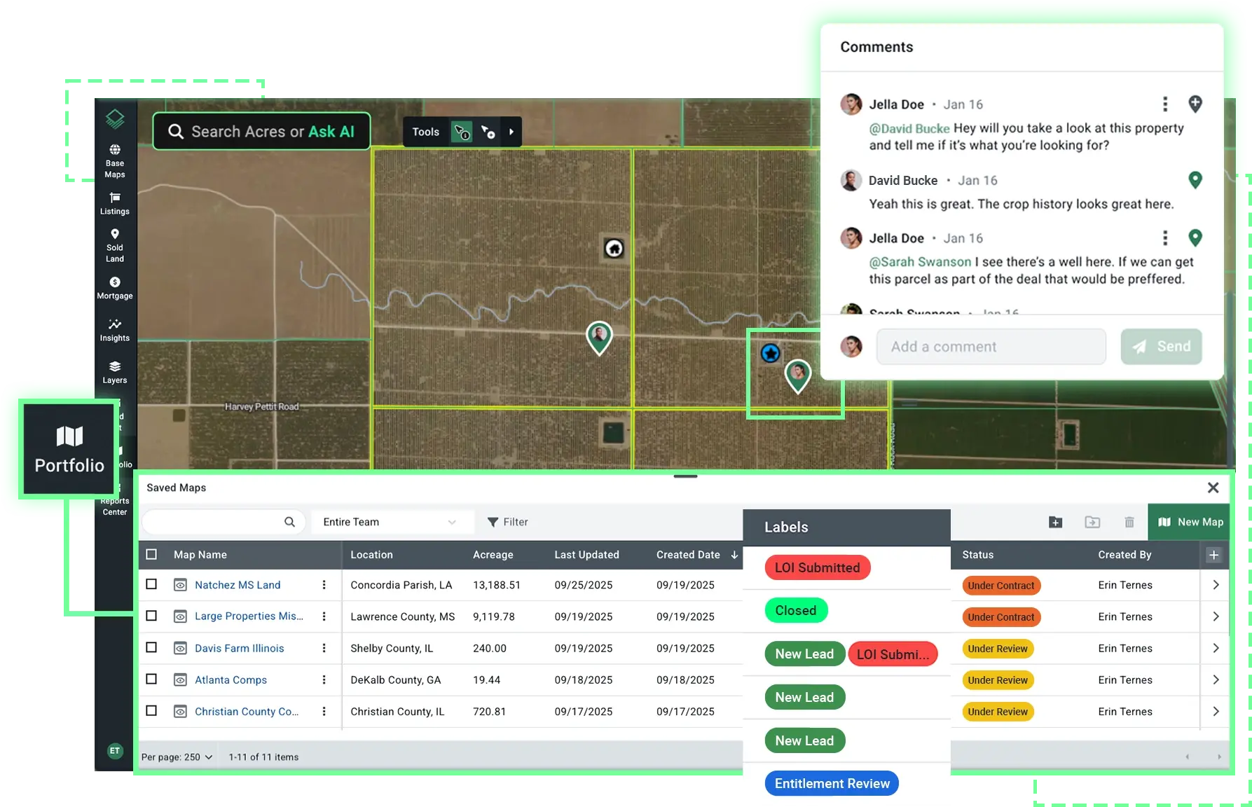 Acres portfolio collaboration tools showing team comments on a property map with saved maps list and deal status labels