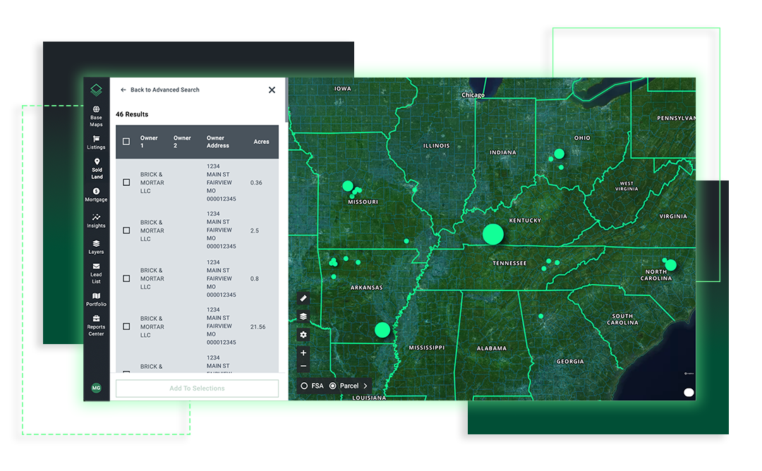 Acres advanced search showing competitor land purchases mapped across the Midwest for market intelligence and risk strategy