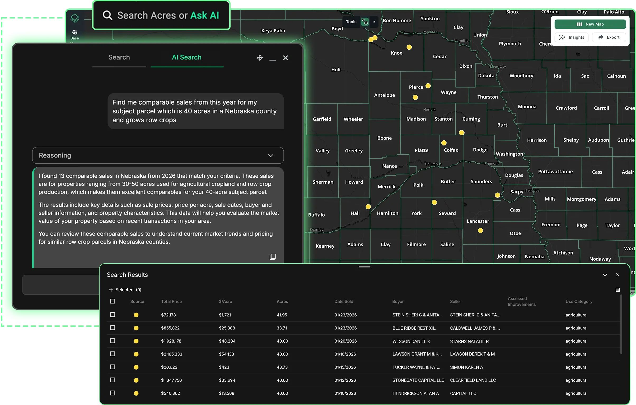 Acres Intelligence search interface finding comparable land sales for a 40-acre row crop parcel in Nebraska