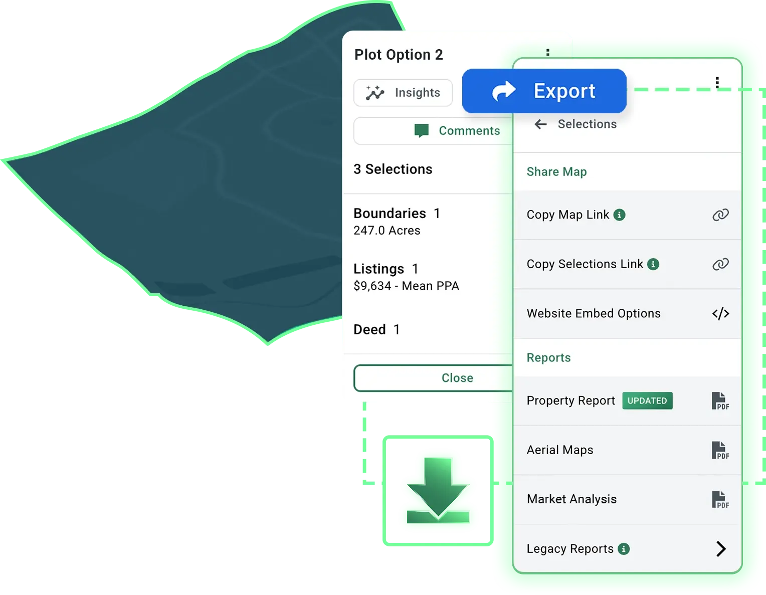 Acres map export panel showing share link, website embed, and PDF report options including aerial maps and market analysis