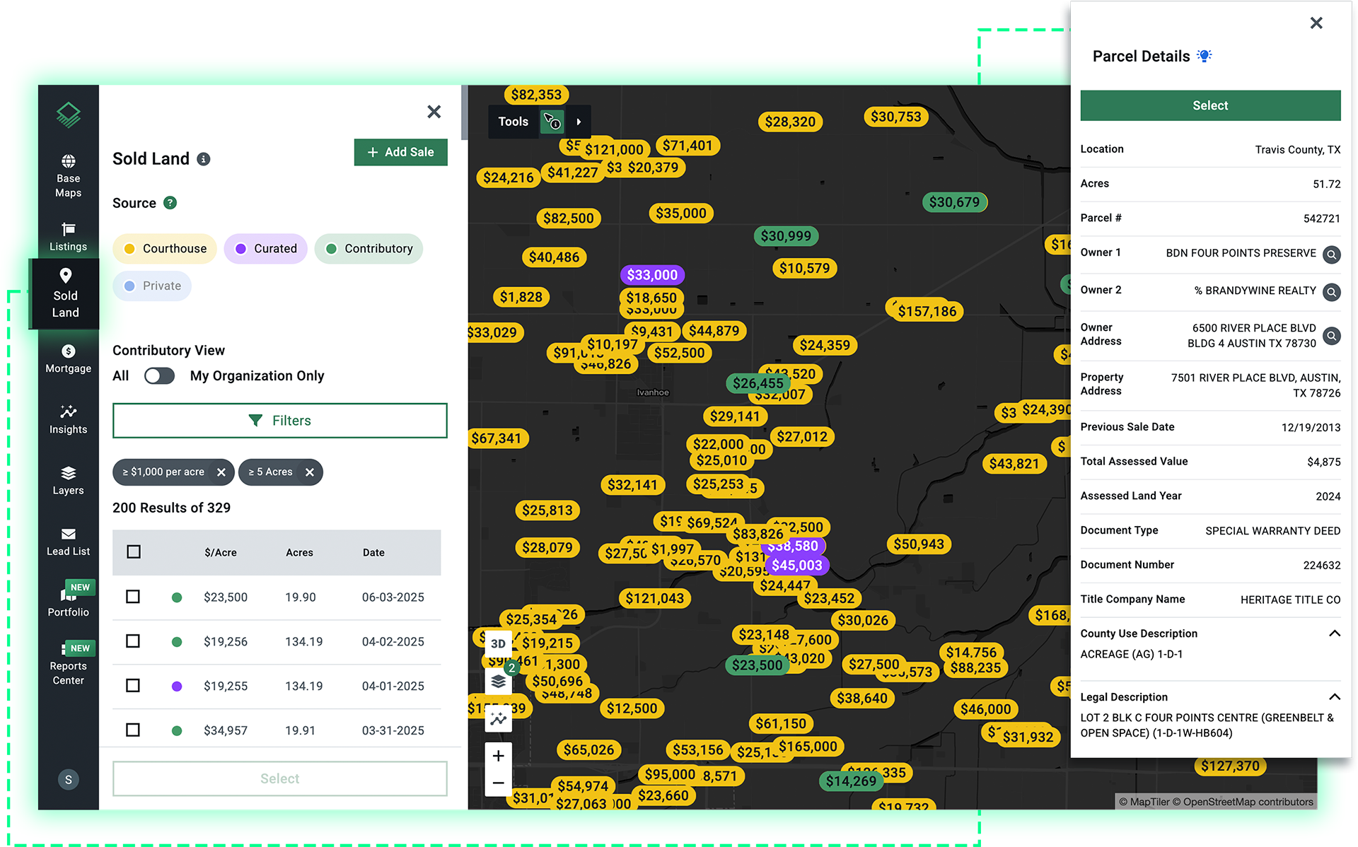 Sold land map in Acres with parcel details panel showing ownership, deed type, and transaction history