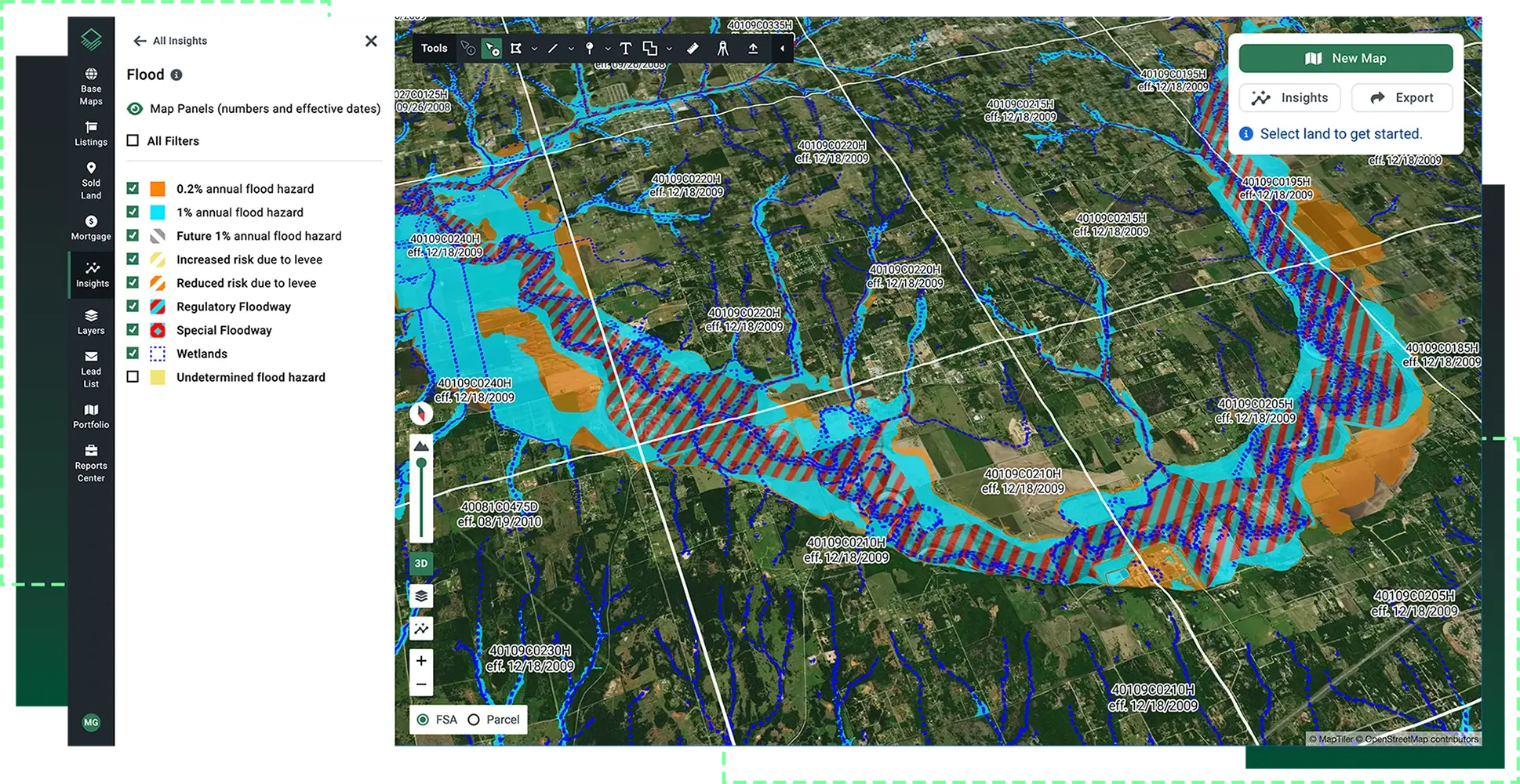 Acres flood risk map showing FEMA flood hazard categories including wetlands, floodway, and annual flood hazard zones