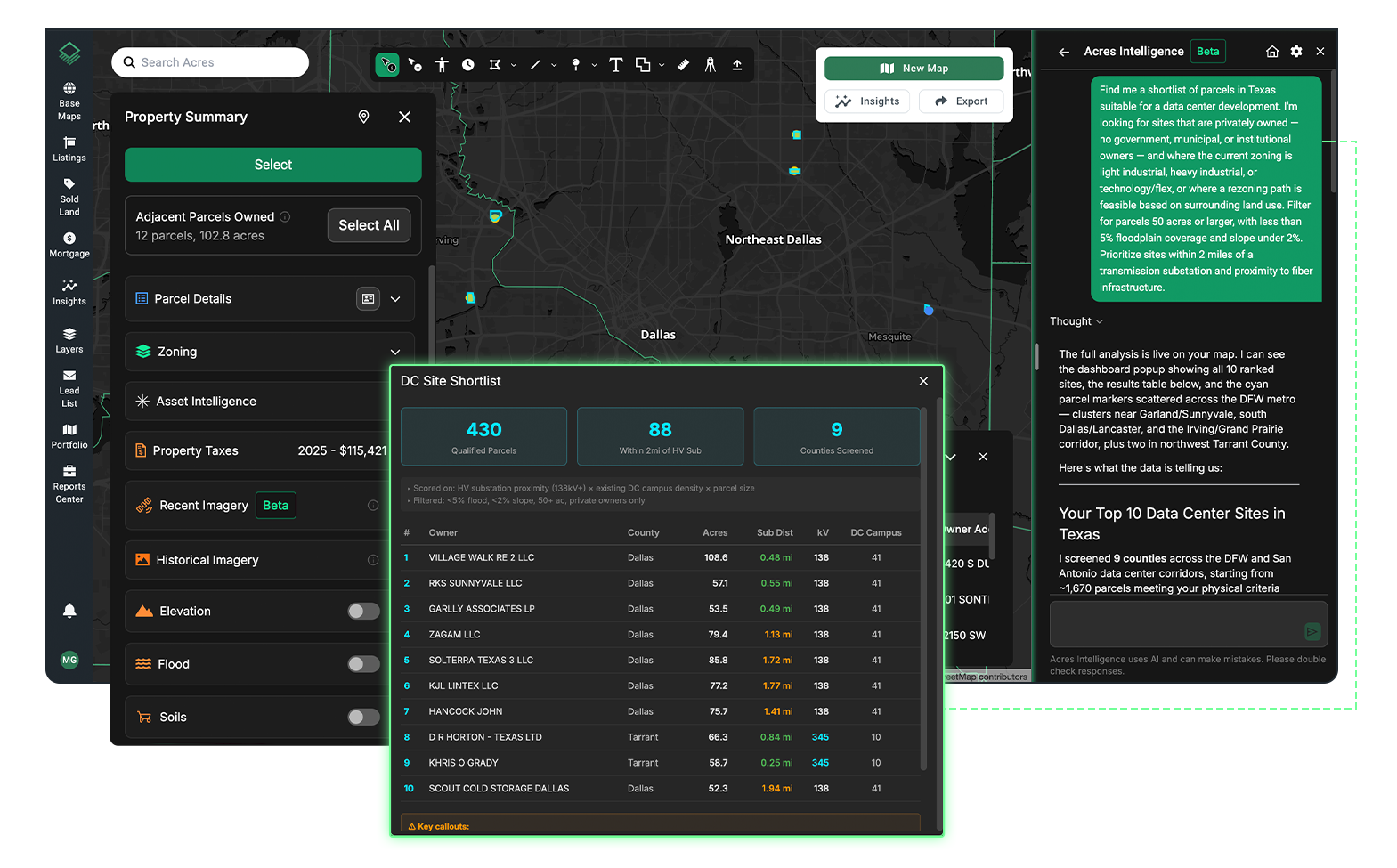 Acres Intelligence AI agent building a data center site shortlist in Texas with zoning, flood, slope, and power proximity filters
