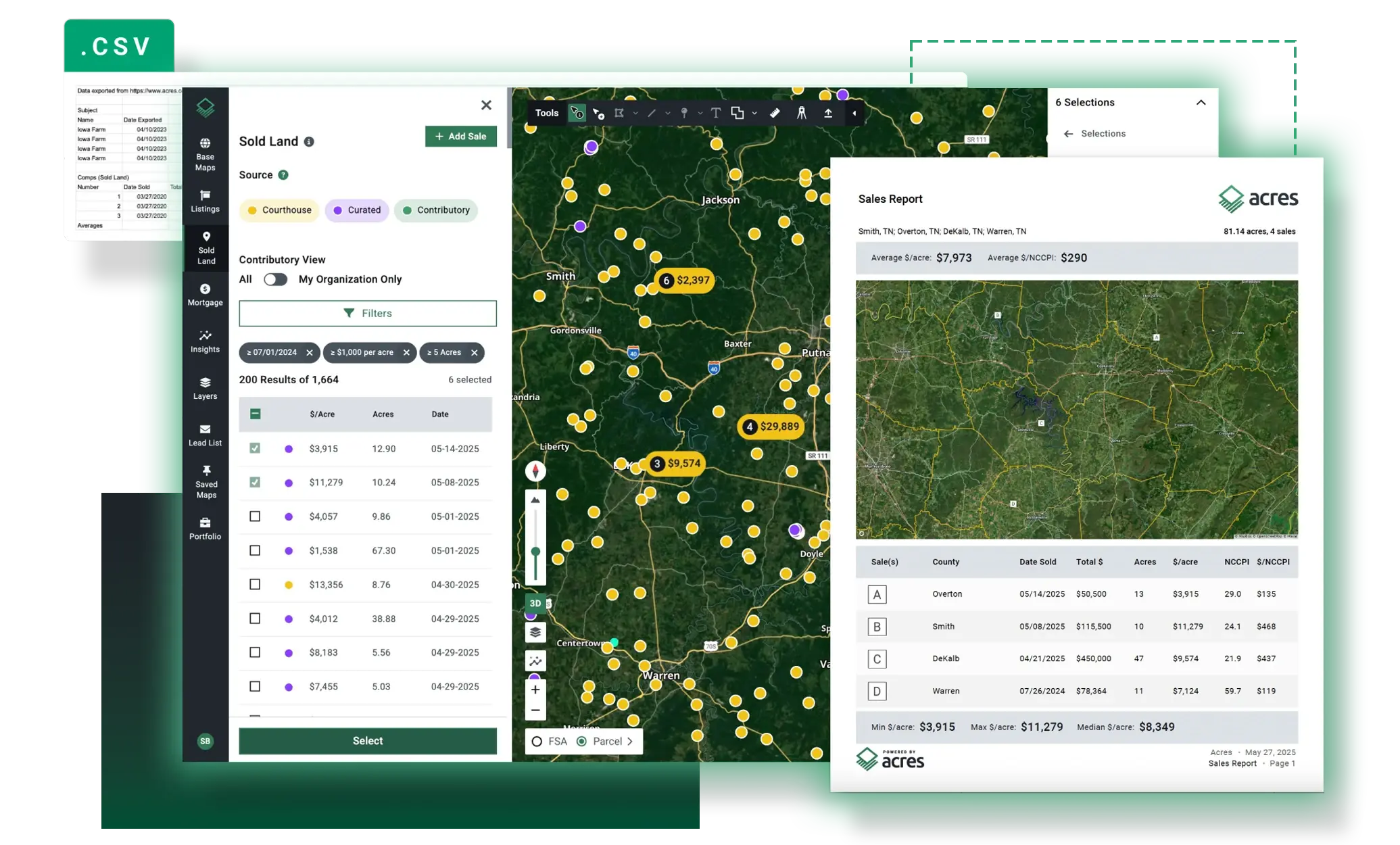 Acres market analysis report showing sold land comparables sales map with branded PDF and CSV export options