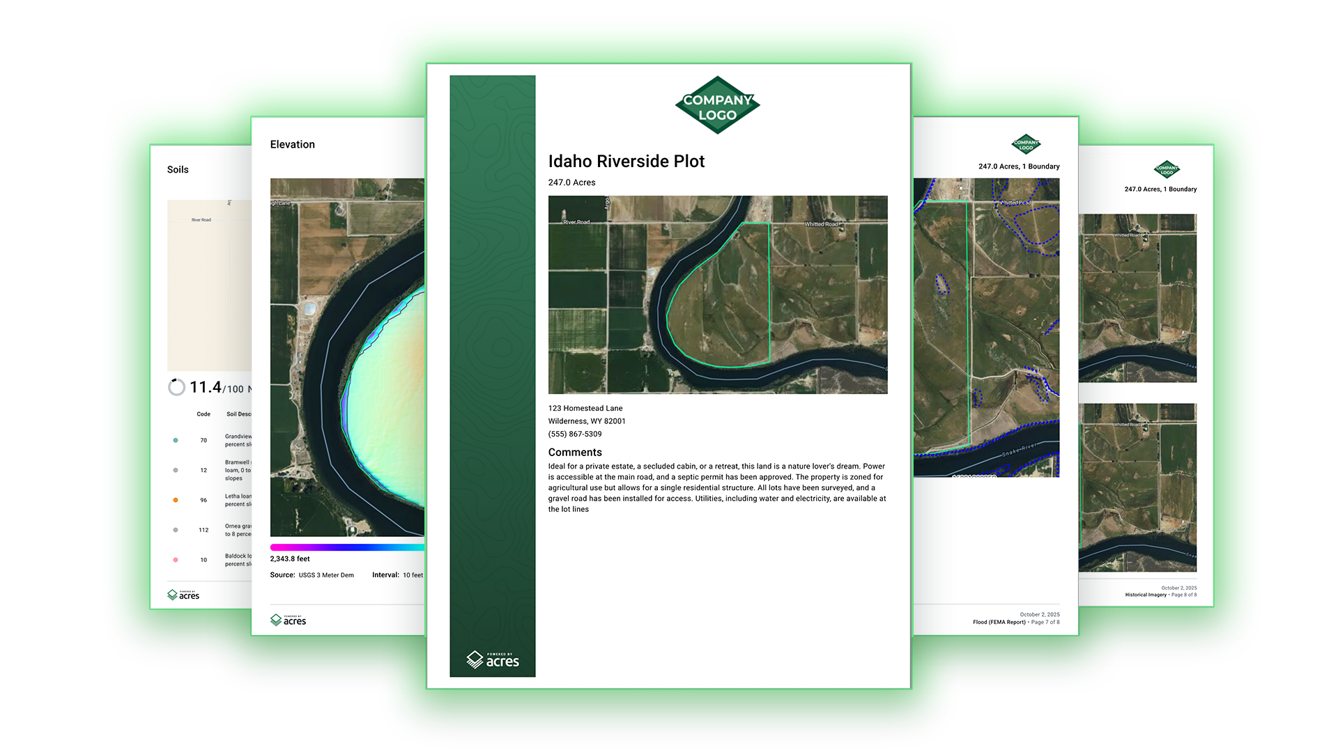 Acres branded property report for Idaho Riverside Plot showing elevation map, aerial imagery, and parcel details for land broker marketing